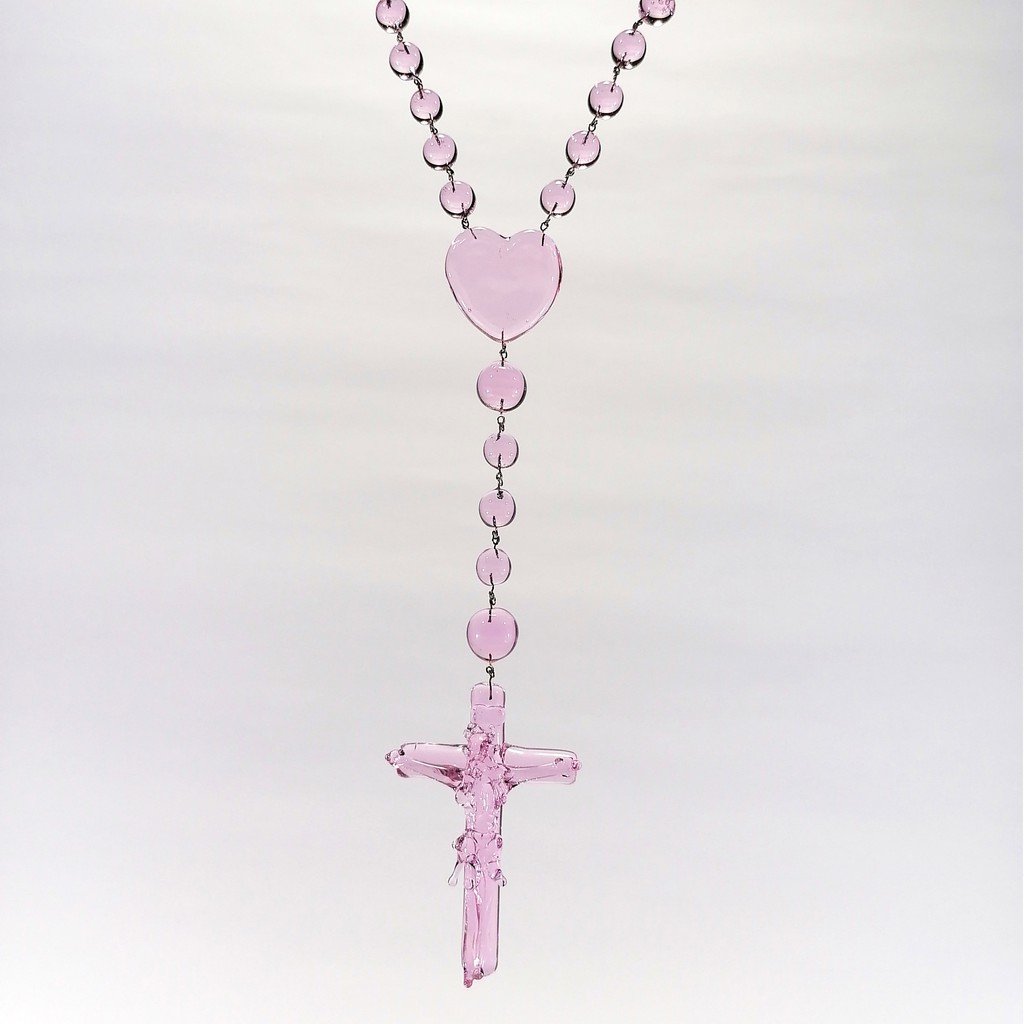 Pink Glass Rosary Handmade Beads Crucifix Cross Religious Items - Image 5