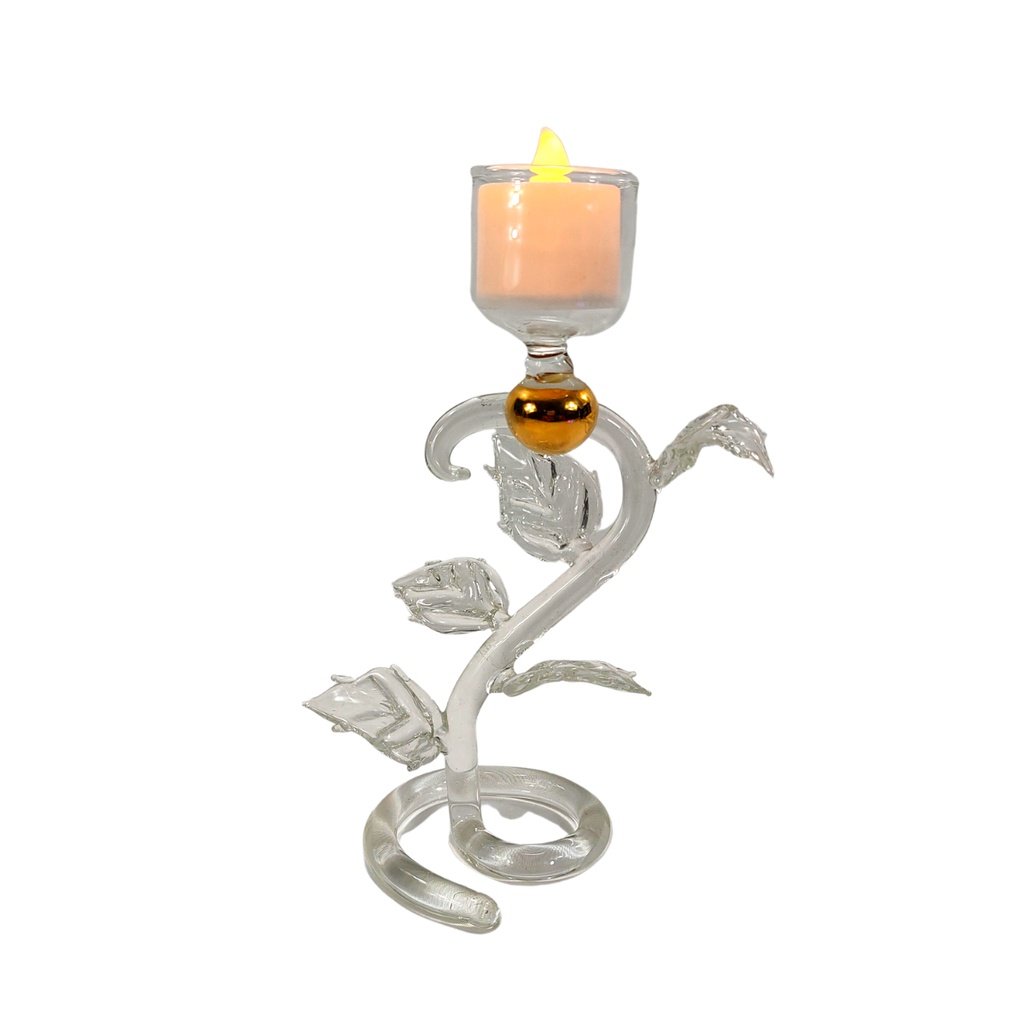 Glass Candle Holder Swirl Stand with Gold Accent and LED Tealight