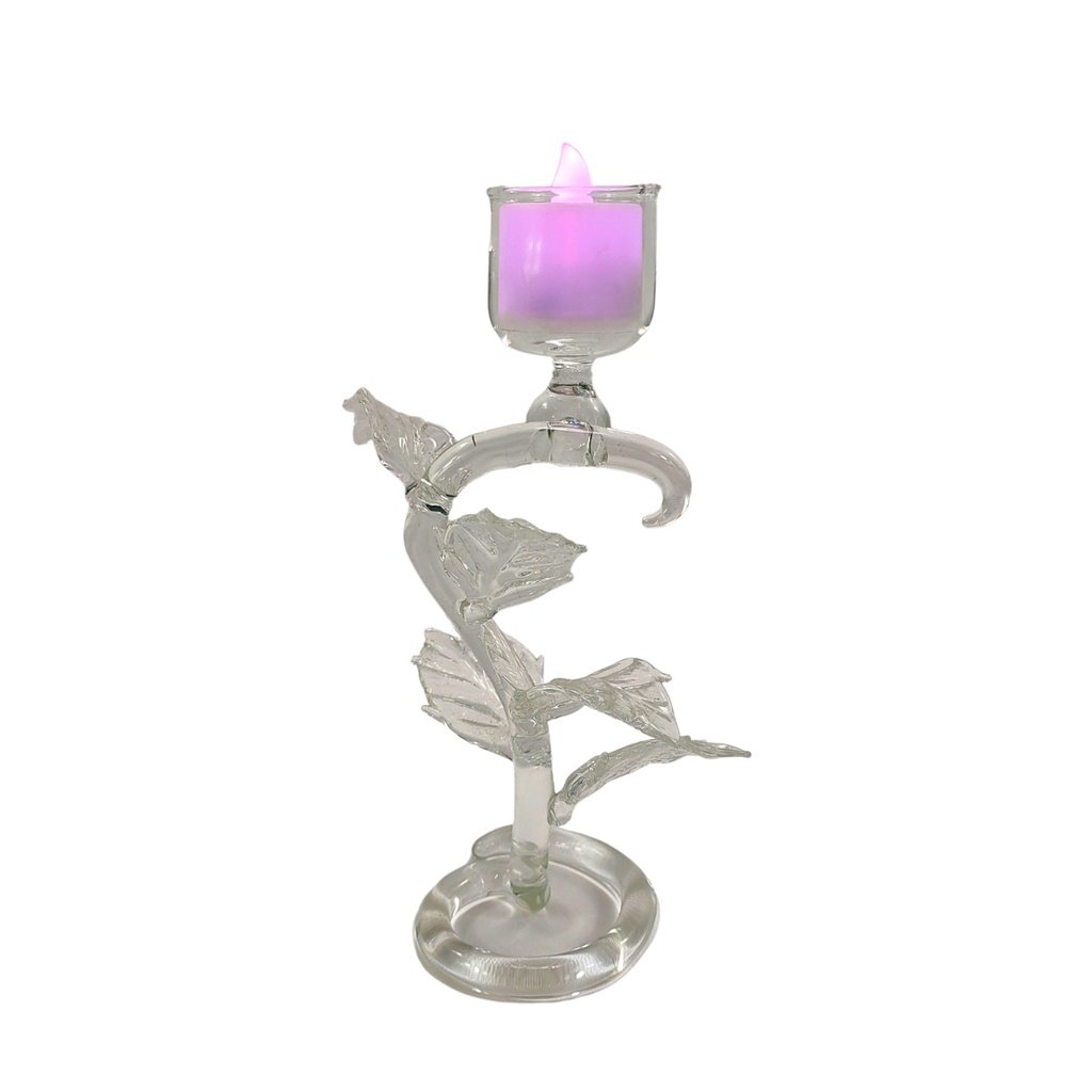 Glass Candle Holder Swirl Stand with Leaves and LED Tealight - Image 2