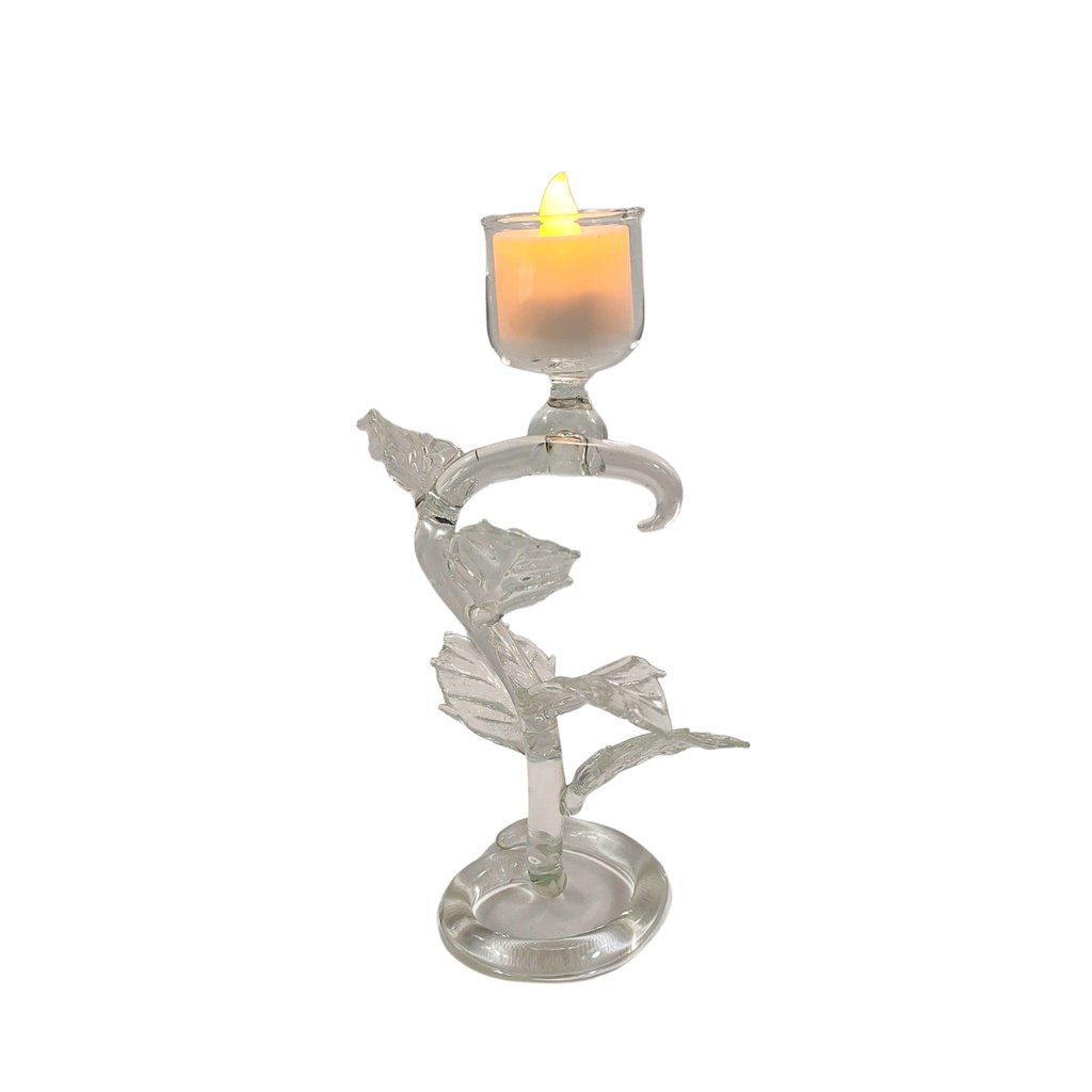 Glass Candle Holder Swirl Stand with Leaves and LED Tealight