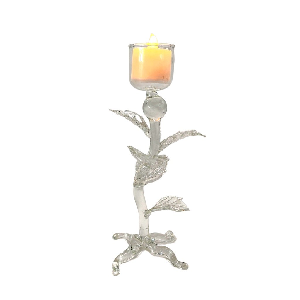 Glass Candle Holder Stand with Leaves and LED Tealight