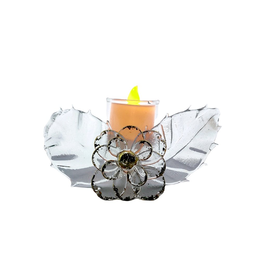 Glass Candle Holder Flower & Leaves Design for Table with LED Tealight CH-023 - Image 2