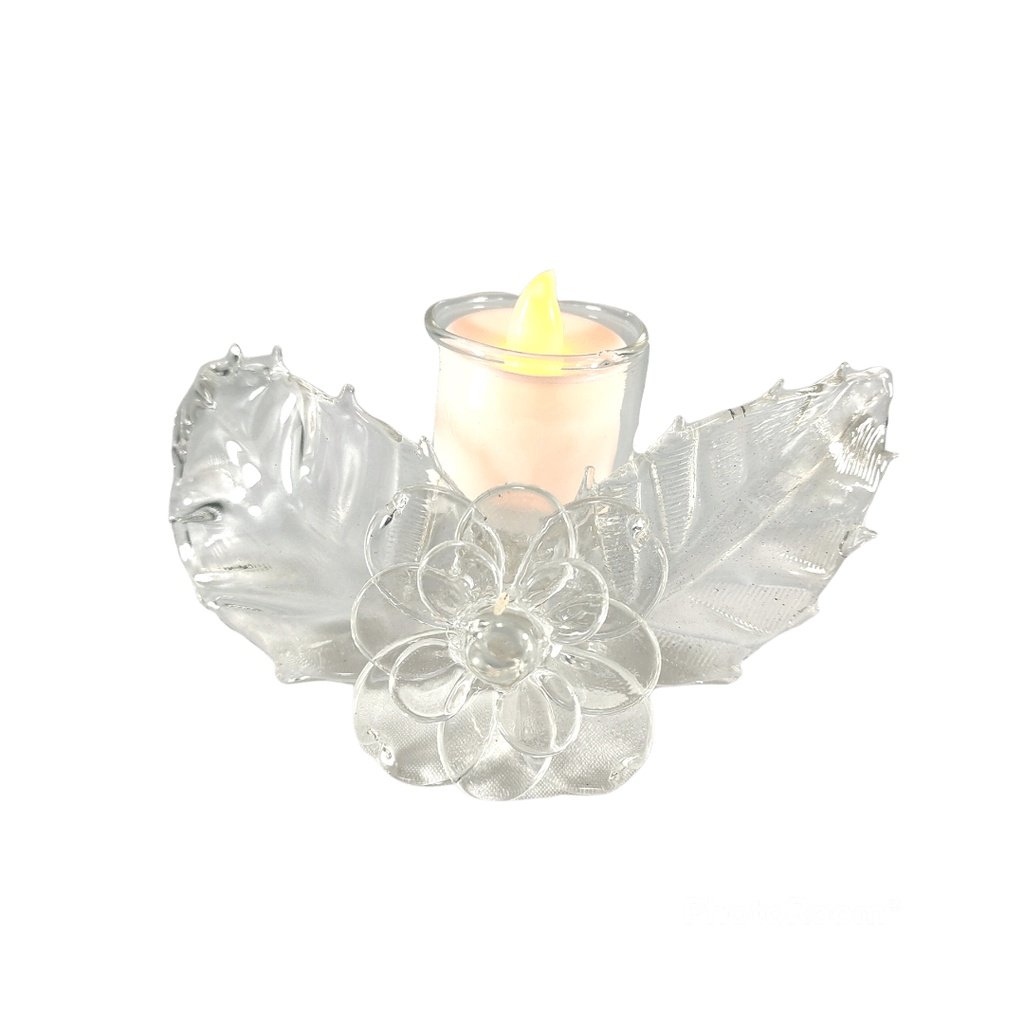 Glass Candle Holder Flower & Leaves Design for Table with LED Tealight CH-023