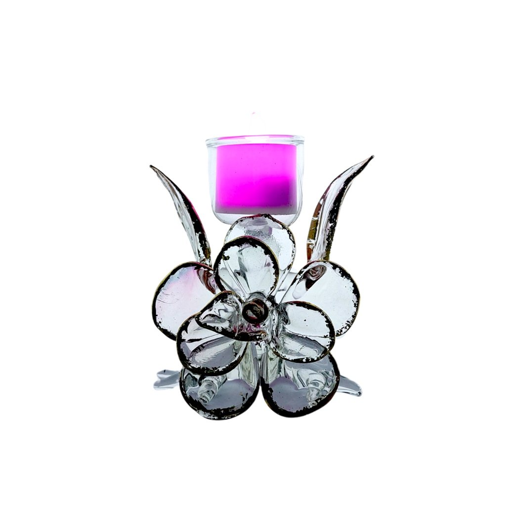 Glass Candle Holder Flower & Leaves Design Gold Lining for Table with LED Tealight - Image 2