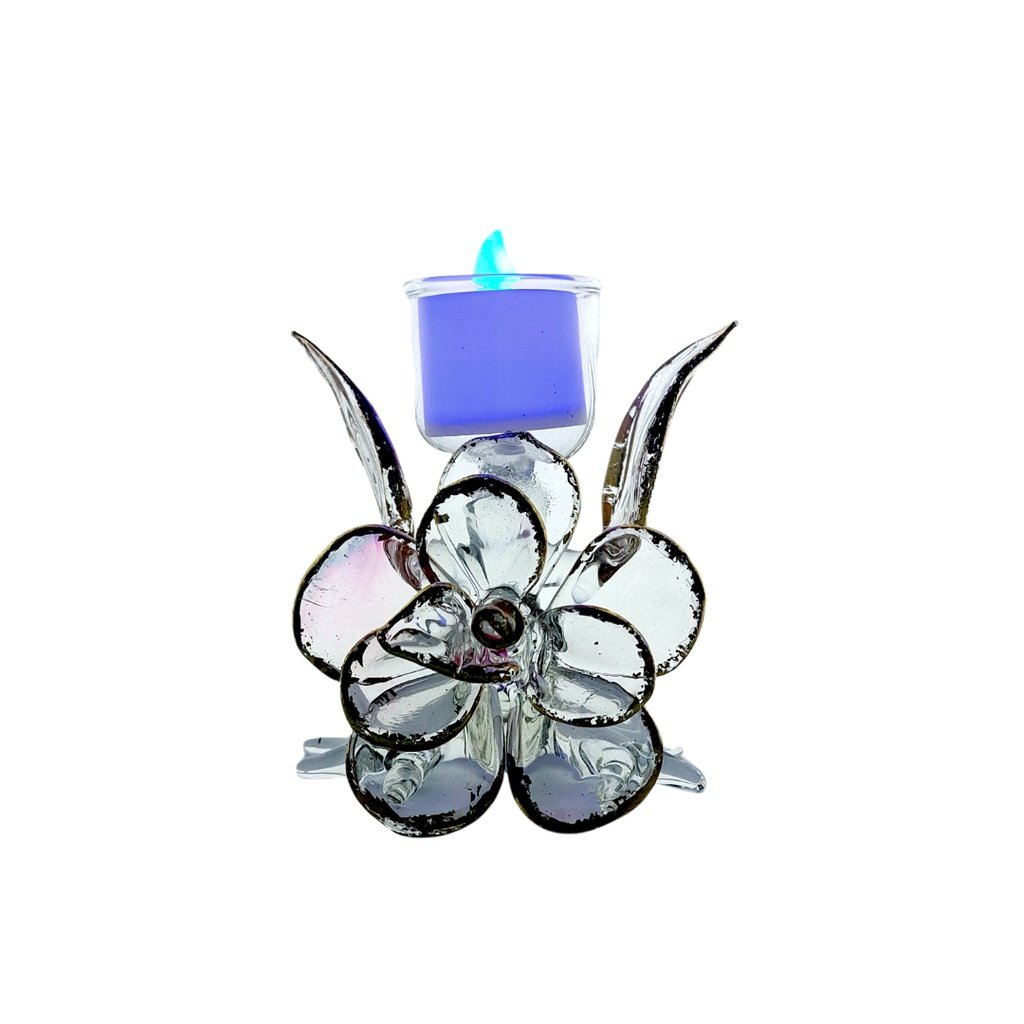 Glass Candle Holder Flower & Leaves Design Gold Lining for Table with LED Tealight - Image 3