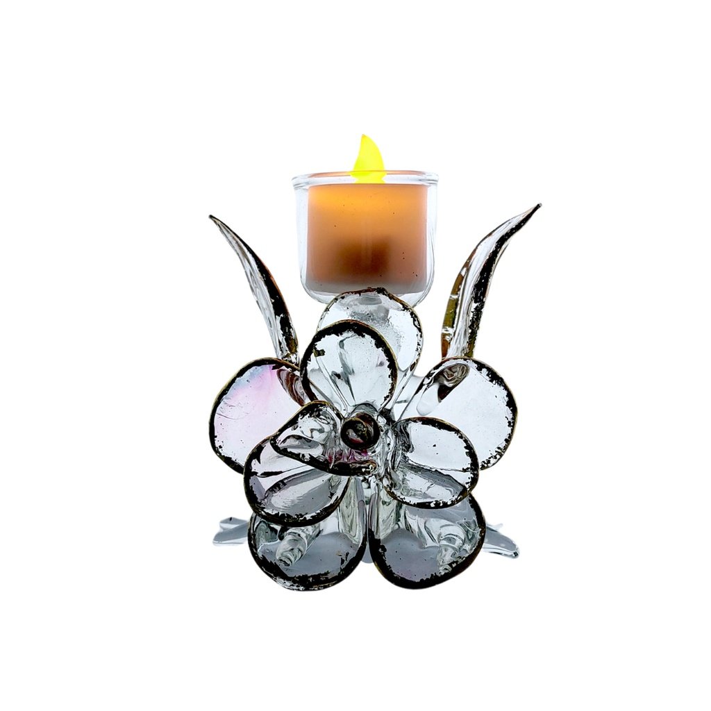 Glass Candle Holder Flower & Leaves Design Gold Lining for Table with LED Tealight