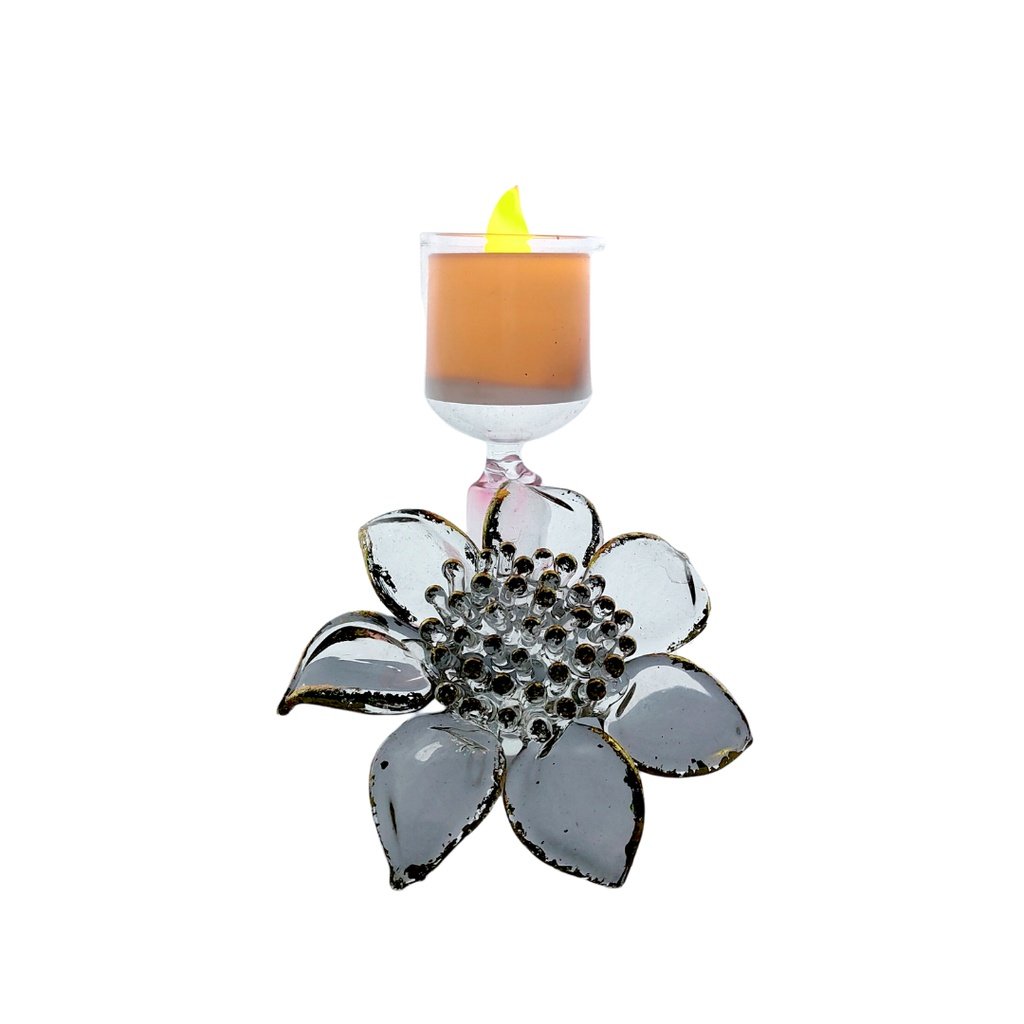 Glass Candle Holder Flower Design Gold Lining for Table with LED Tealight