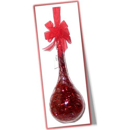 Set of 6pc Glass Christmas Drops Ornaments with Red Shreds and Organza Ribbon for Xmas Tree Hanging