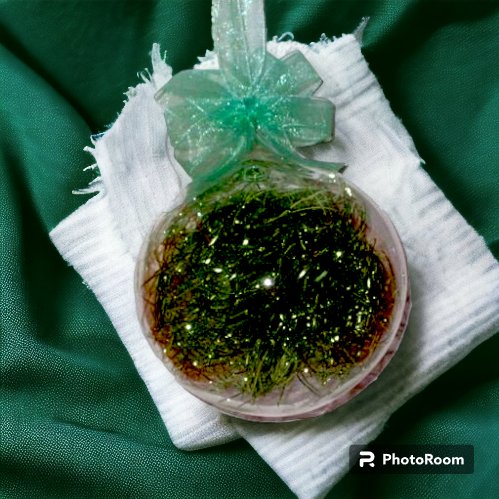 Set of 6pc Glass Christmas Ball Ornaments with Green Shreds and Organza Ribbon for Xmas Tree Hanging - Image 2