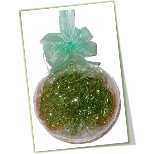 Set of 6pc Glass Christmas Ball Ornaments with Green Shreds and Organza Ribbon for Xmas Tree Hanging - Image 4