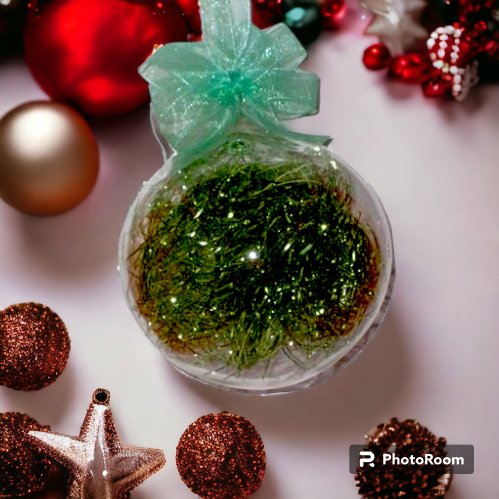 Set of 6pc Glass Christmas Ball Ornaments with Green Shreds and Organza Ribbon for Xmas Tree Hanging
