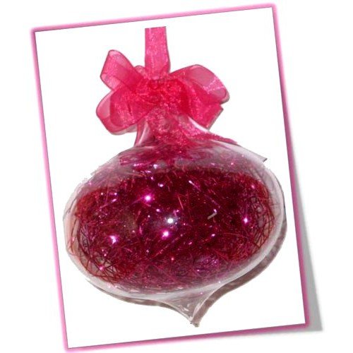 Set of 6pc Glass Christmas Ornaments with Red Glitter Shreds & Organza Ribbon for Xmas Tree Hanging