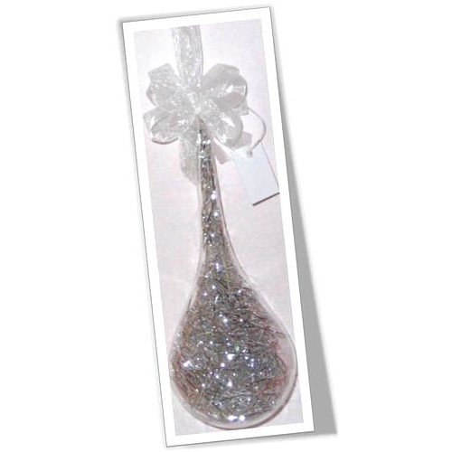 Set of 6pc Glass Christmas Drops Ornaments with Silver Shreds & Organza Ribbon for Xmas Tree Hanging