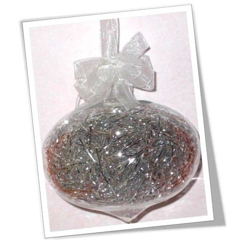 Set of 6pc Glass Christmas Ornaments w/ Silver Glitter Shreds & Organza Ribbon for Xmas Tree Hanging