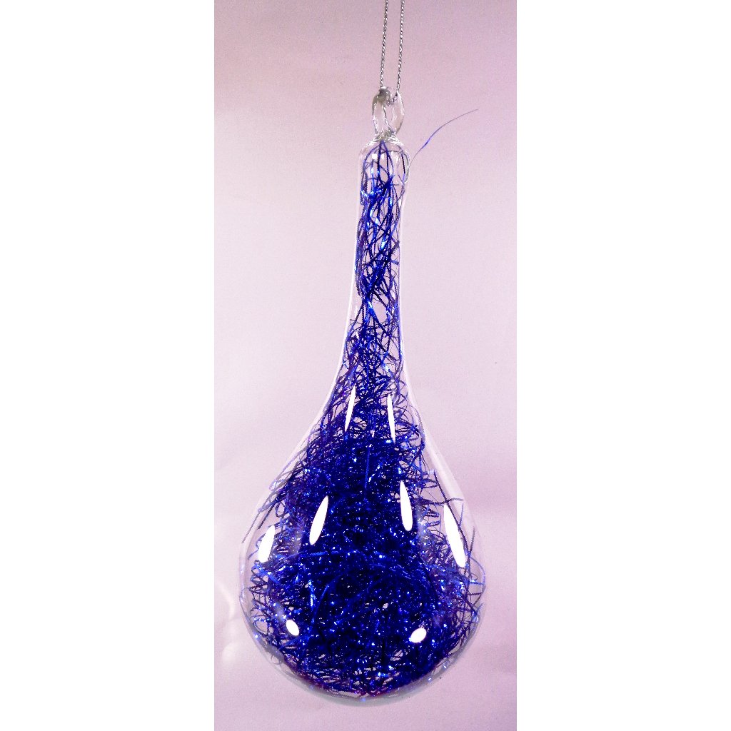 Blue Christmas Ornaments 6pc Set Handblown Glass Drops with Shreds Christmas Decor