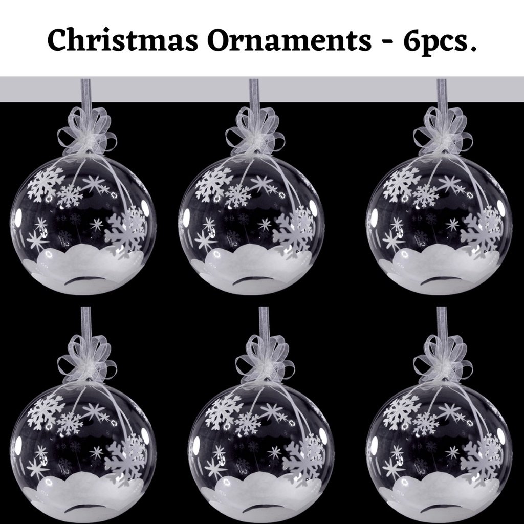 Set of 6pc Handpainted White Christmas Glass Ornaments with Organza Ribbon for Xmas Tree Hanging Dec
