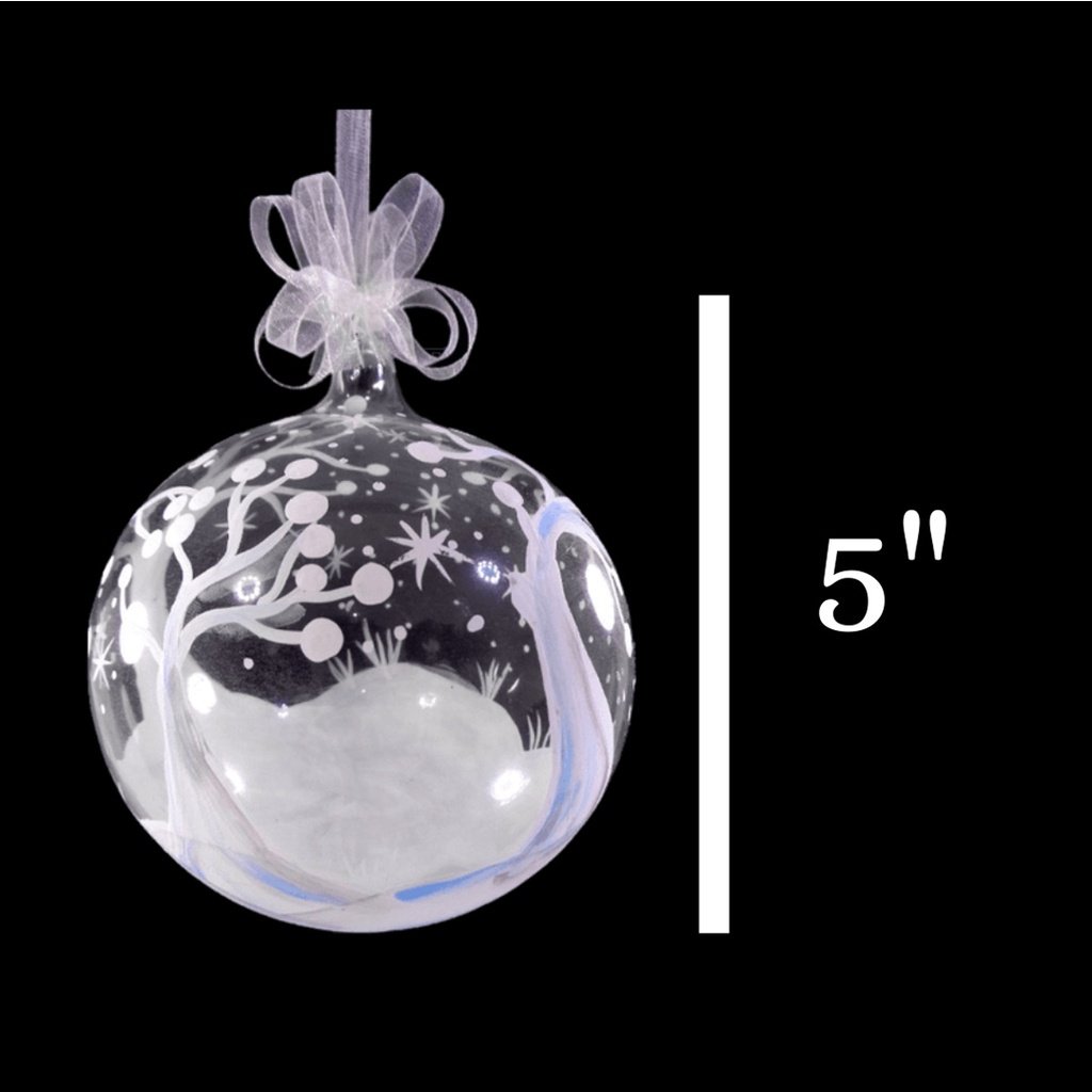 Set of 6pc Handpainted White Christmas Glass Ornaments with Organza Ribbon for Xmas Tree Hanging Dec - Image 3
