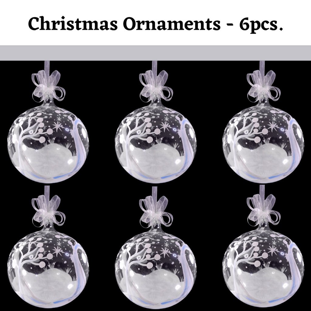 Set of 6pc Handpainted White Christmas Glass Ornaments with Organza Ribbon for Xmas Tree Hanging Dec