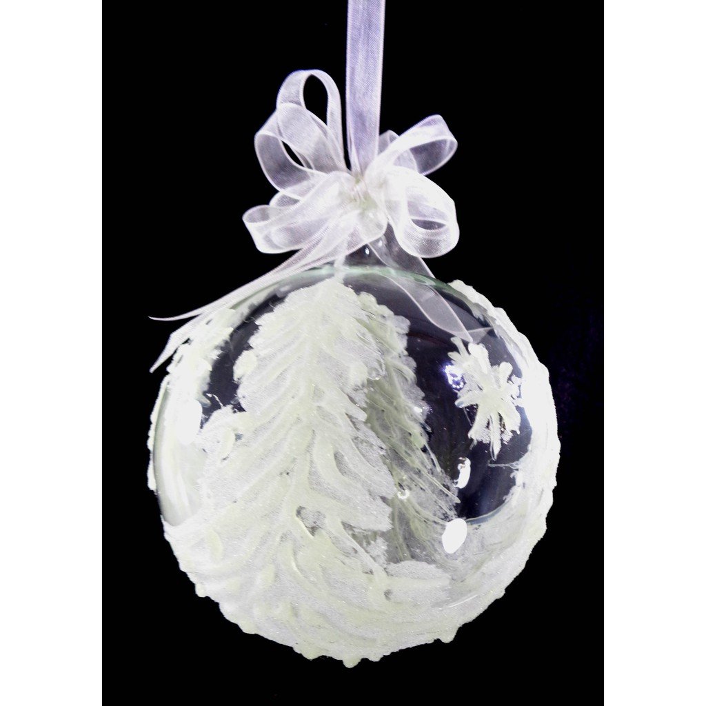 Set of 6pc Handpainted White Christmas Glass Ornaments with Organza Ribbon for Xmas Tree Hanging Dec