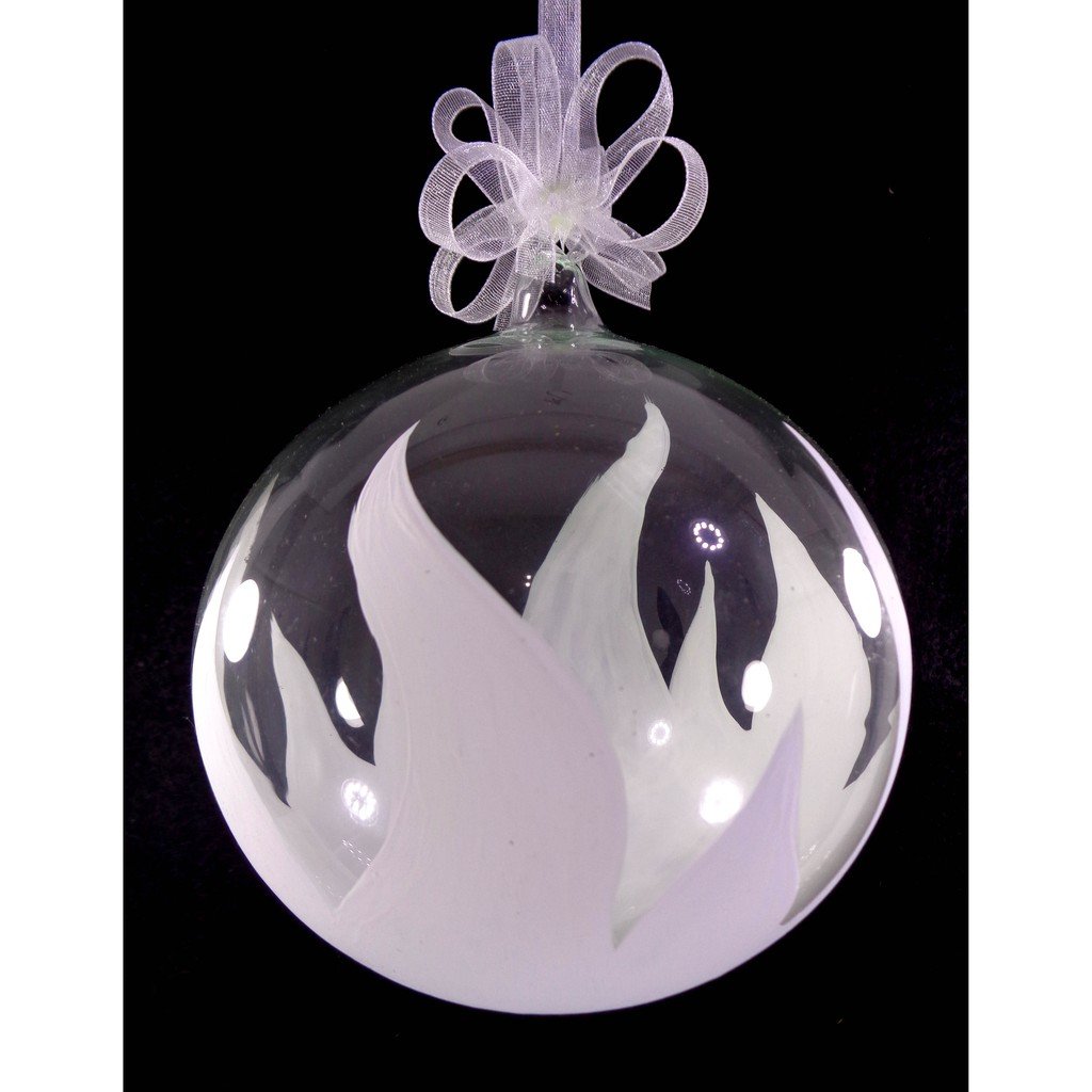 Set of 6pc Handpainted White Christmas Glass Ornaments with Organza Ribbon for Xmas Tree Hanging Dec