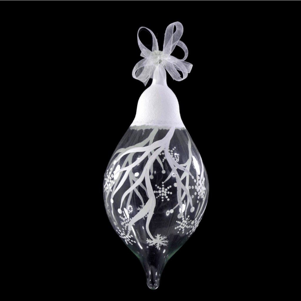 Set of 6pc Handpainted White Christmas Glass Ornaments with Organza Ribbon for Xmas Tree Hanging Dec - Image 2