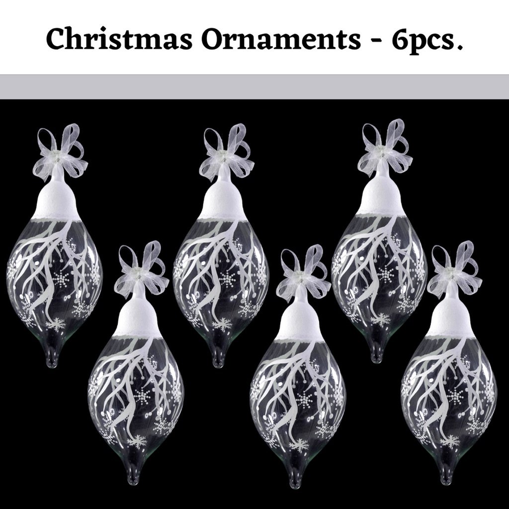 Set of 6pc Handpainted White Christmas Glass Ornaments with Organza Ribbon for Xmas Tree Hanging Dec