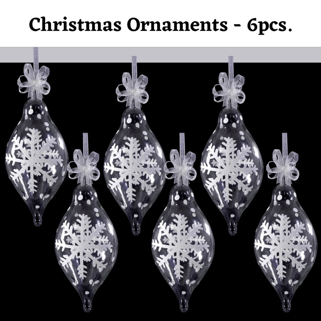 Set of 6pc Handpainted White Christmas Glass Ornaments with Organza Ribbon for Xmas Tree Hanging Dec