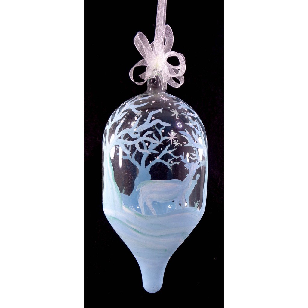 Set of 6pc Handpainted White Christmas Glass Ornaments with Organza Ribbon for Xmas Tree Hanging Dec - Image 2