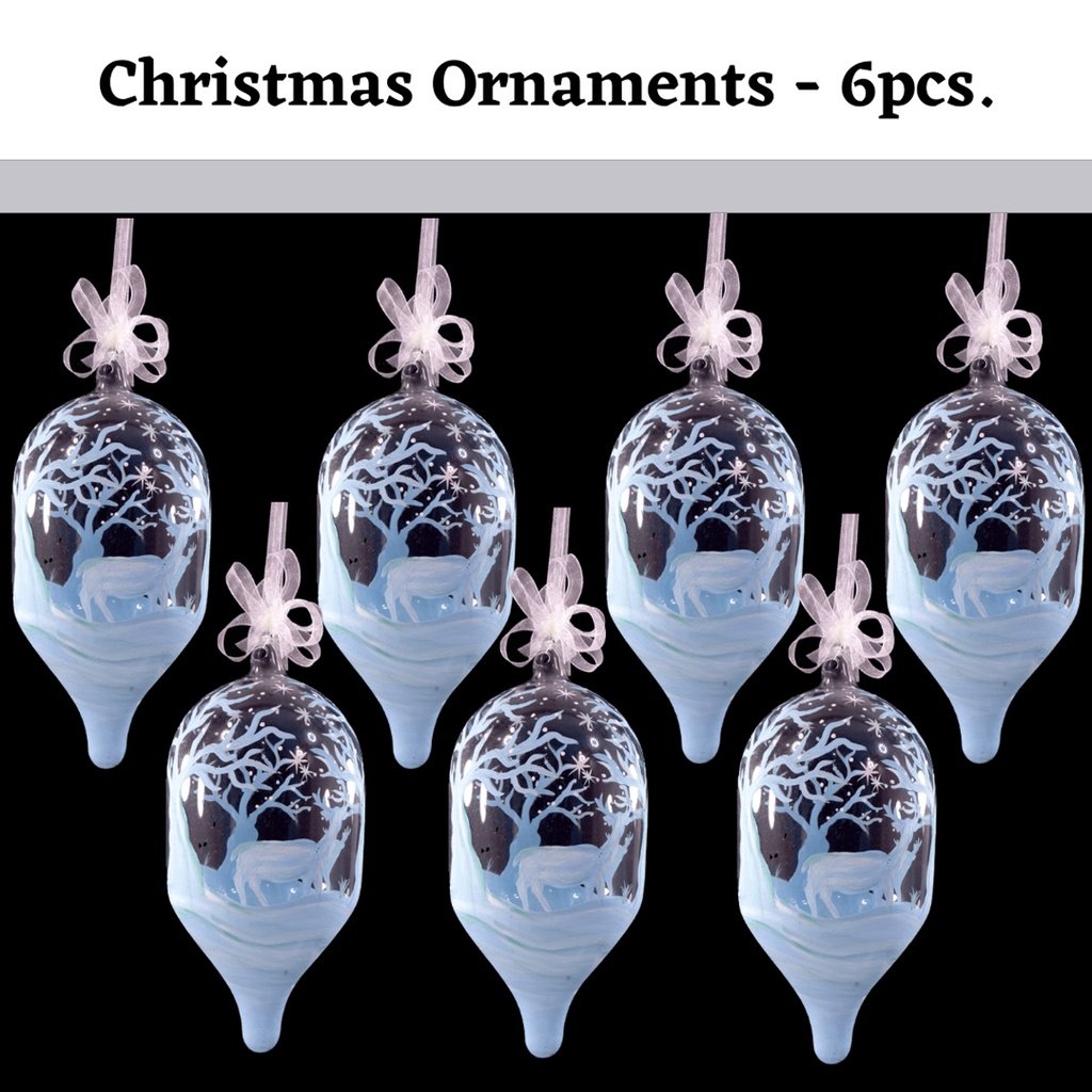 Set of 6pc Handpainted White Christmas Glass Ornaments with Organza Ribbon for Xmas Tree Hanging Dec