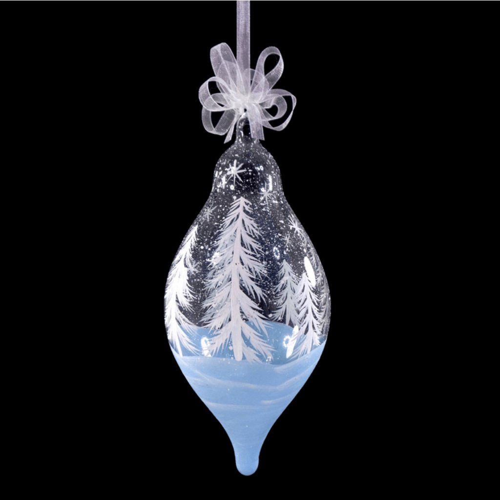 Set of 6pc Handpainted White Christmas Glass Ornaments with Organza Ribbon for Xmas Tree Hanging Dec - Image 2