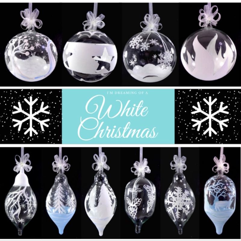 Set of 6pc Handpainted White Christmas Glass Ornaments with Organza Ribbon for Xmas Tree Hanging Dec - Image 4
