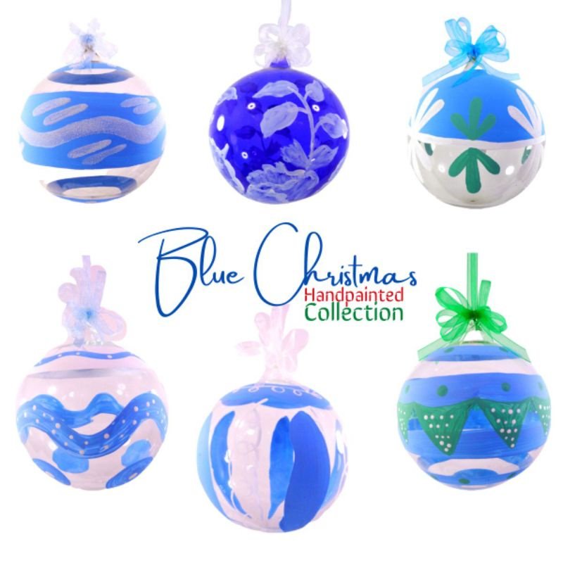 Set of 6pc Handpainted Blue Waters Nature Inspired Christmas Glass Ornaments w/ Organza Ribbon for X - Image 4