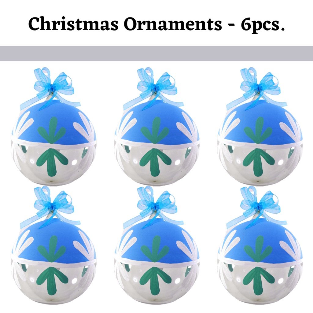 Set of 6pc Handpainted Blue Waters Nature Inspired Christmas Glass Ornaments w/ Organza Ribbon for X