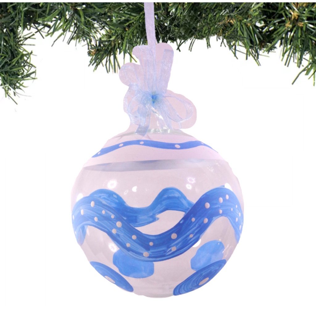Set of 6pc Handpainted Blue Waters Nature Inspired Christmas Glass Ornaments w/ Organza Ribbon for X - Image 3