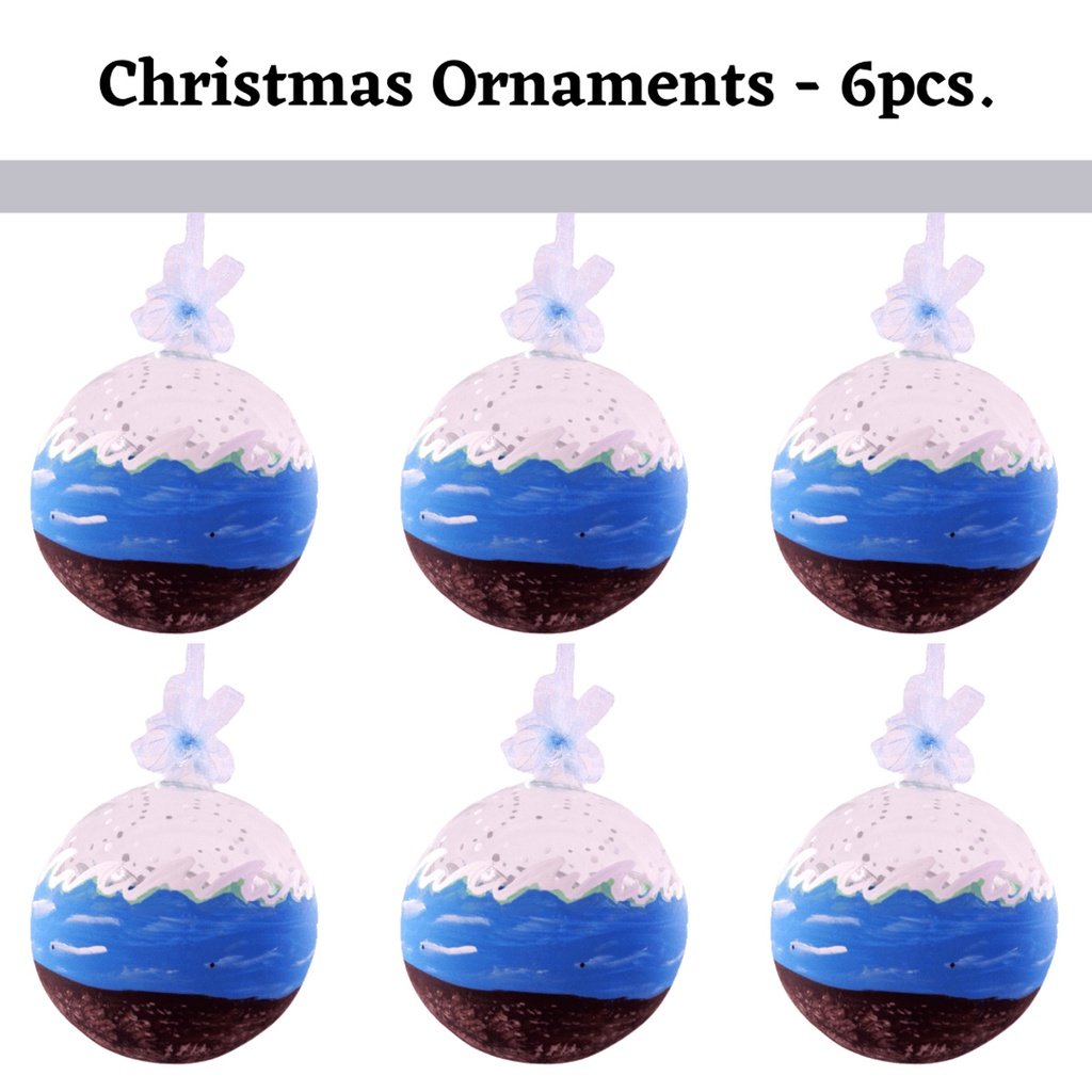 Set of 6pc Handpainted Blue Waters Nature Inspired Christmas Glass Ornaments w/ Organza Ribbon for X