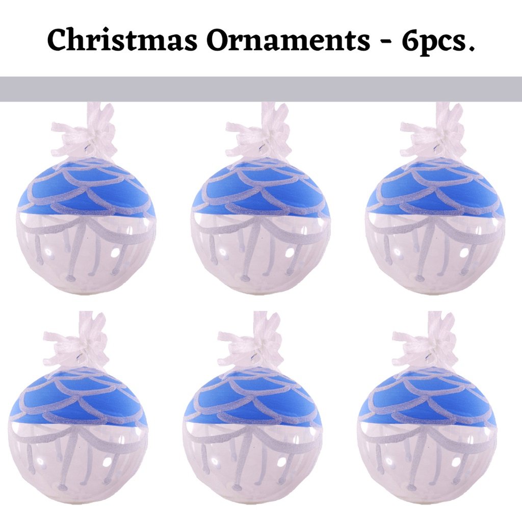 Set of 6pc Handpainted Blue Waters Nature Inspired Christmas Glass Ornaments w/ Organza Ribbon for X