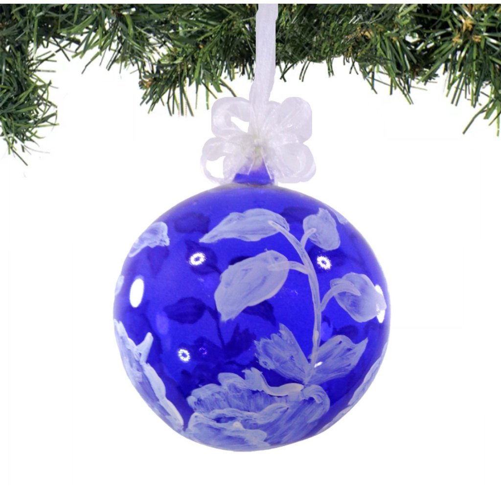 Set of 6pc Handpainted Blue Waters Nature Inspired Christmas Glass Ornaments w/ Organza Ribbon for X - Image 3