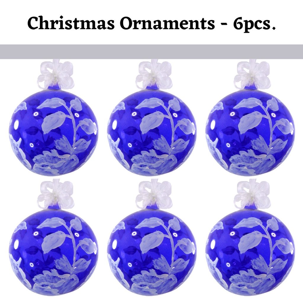 Set of 6pc Handpainted Blue Waters Nature Inspired Christmas Glass Ornaments w/ Organza Ribbon for X