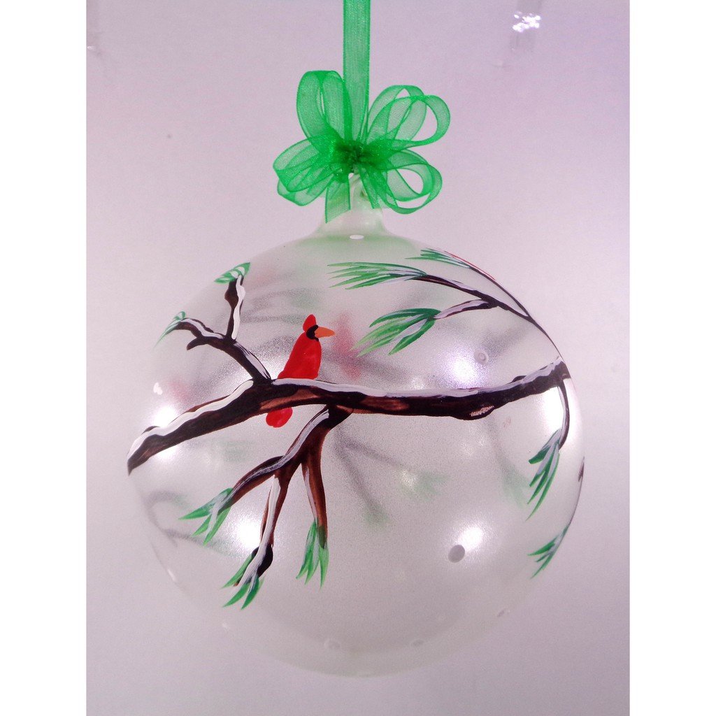 Set of 6pc Handpainted Nature Inspired Green Christmas Glass Ornaments w/ Organza Ribbon for Xmas Tr