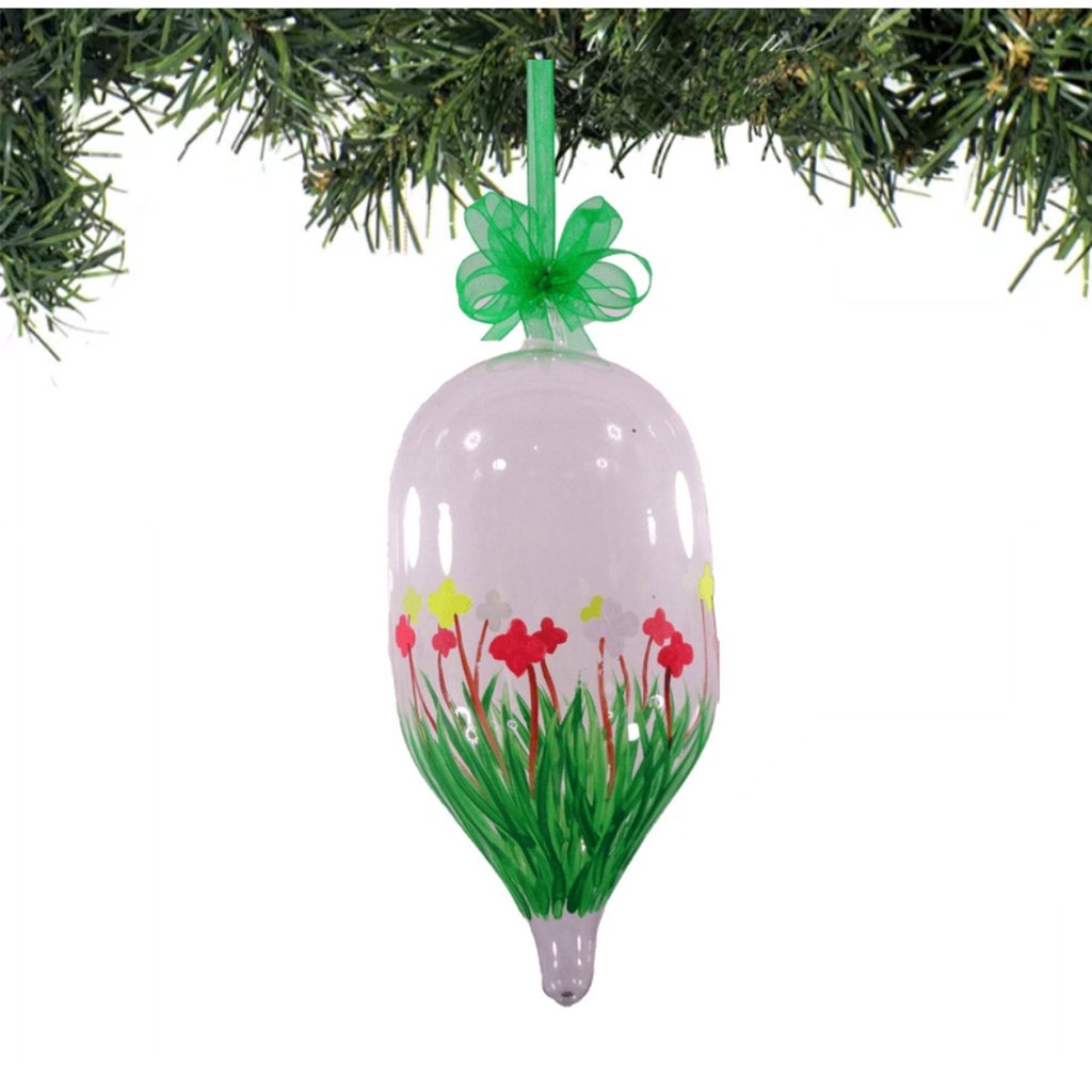 Set of 6pc Handpainted Nature Inspired Green Christmas Glass Ornaments w/ Organza Ribbon for Xmas Tr - Image 3