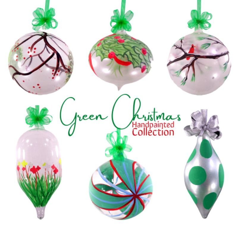 Set of 6pc Handpainted Nature Inspired Green Christmas Glass Ornaments w/ Organza Ribbon for Xmas Tr - Image 4