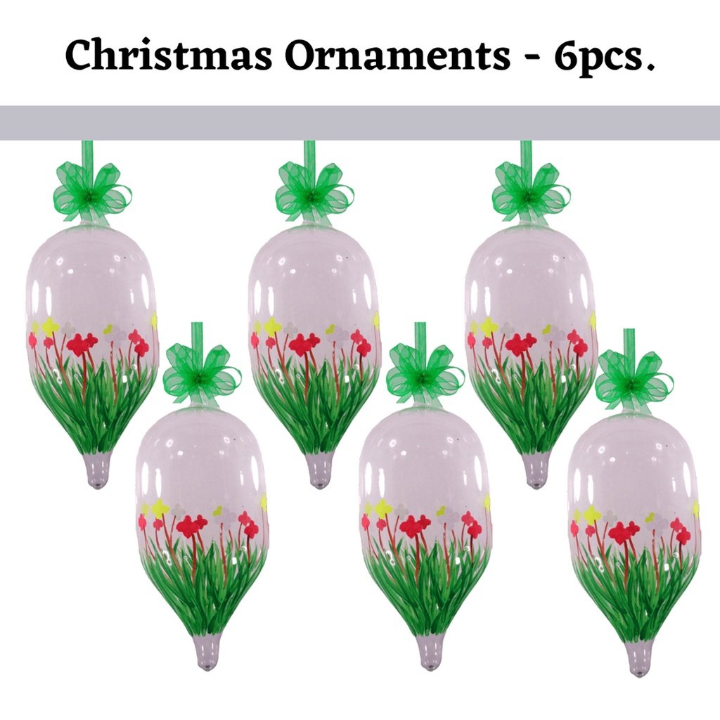Set of 6pc Handpainted Nature Inspired Green Christmas Glass Ornaments w/ Organza Ribbon for Xmas Tr