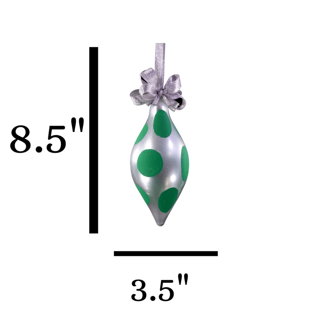 Set of 6pc Handpainted Christmas Silver Glass Ornaments w/ Green Polkadot Organza Ribbon for Xmas - Image 2