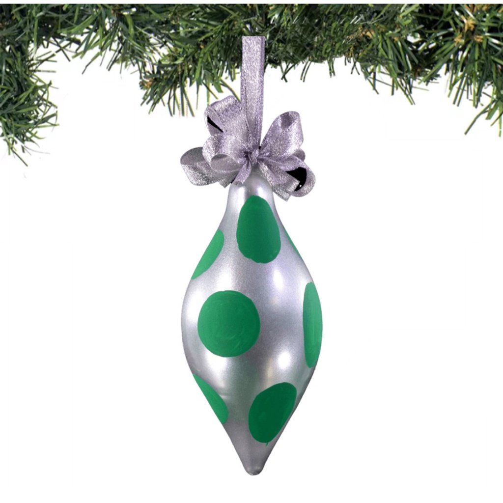 Set of 6pc Handpainted Christmas Silver Glass Ornaments w/ Green Polkadot Organza Ribbon for Xmas - Image 3