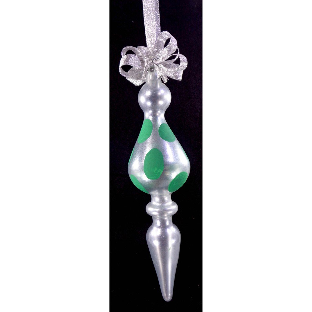 Set of 6pc Handpainted Christmas Glass Long Ornaments w/ Green Polkadots & Organza Ribbon for Xmas