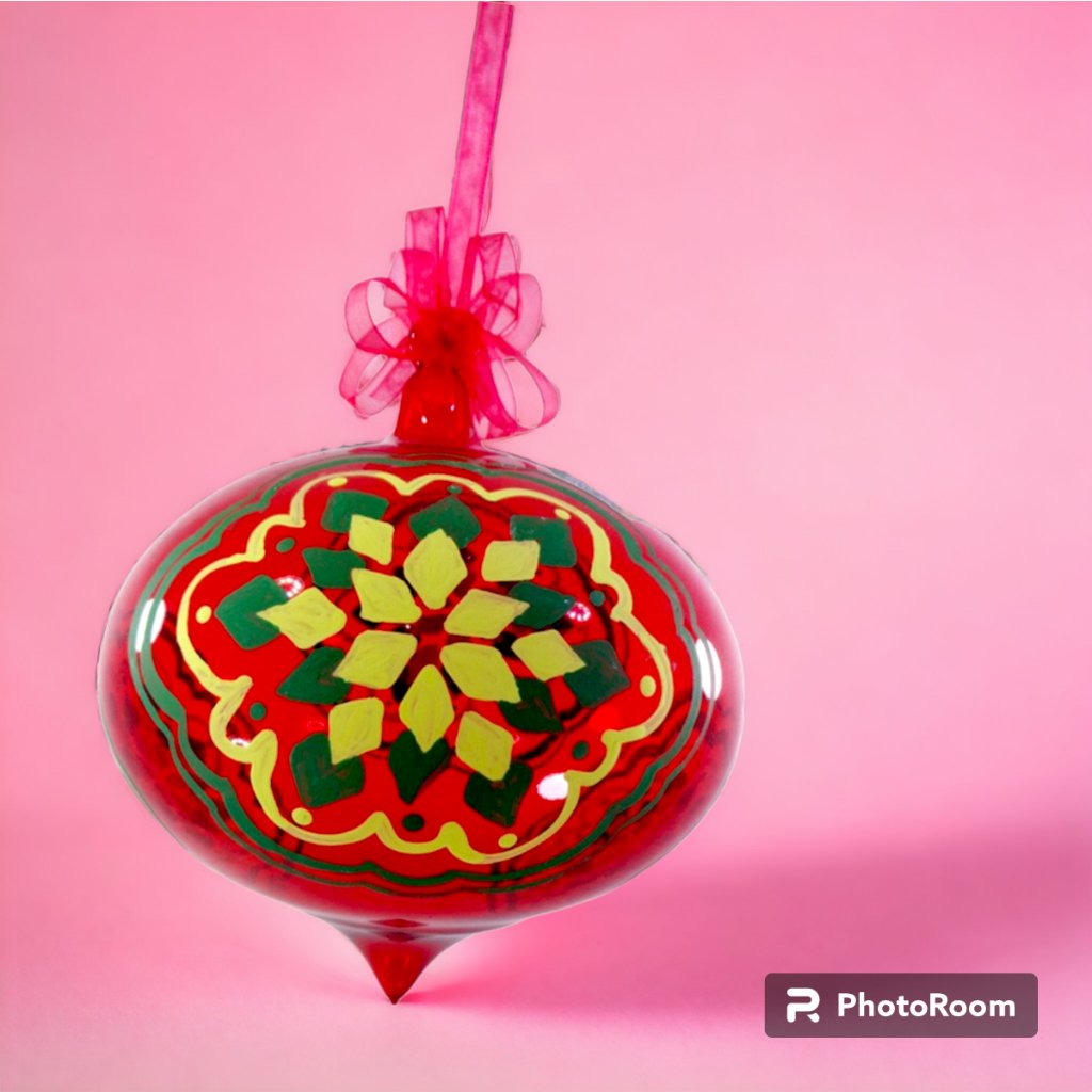 Red Christmas Ornaments 6pc Set Handblown Glass with Handpainted Christmas Decor Hanging 5" - Image 2