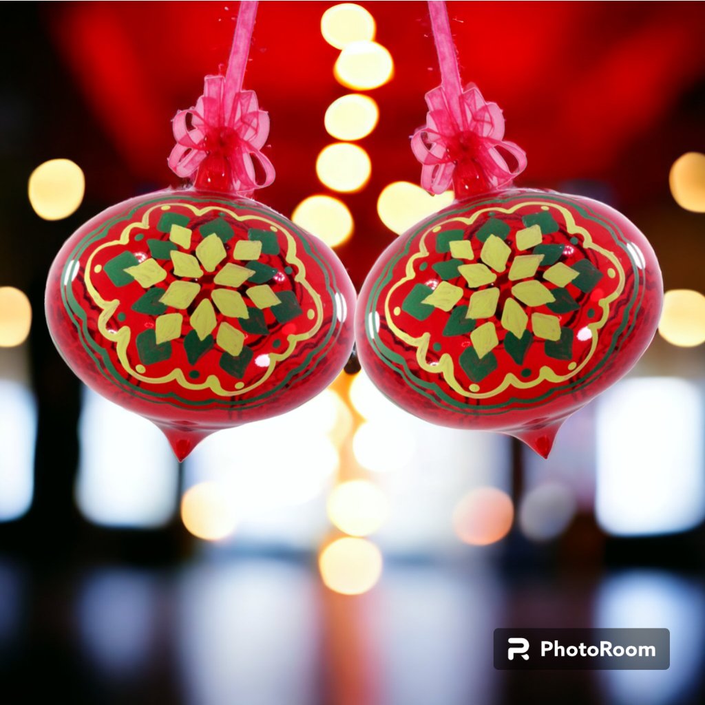 Red Christmas Ornaments 6pc Set Handblown Glass with Handpainted Christmas Decor Hanging 5" - Image 4