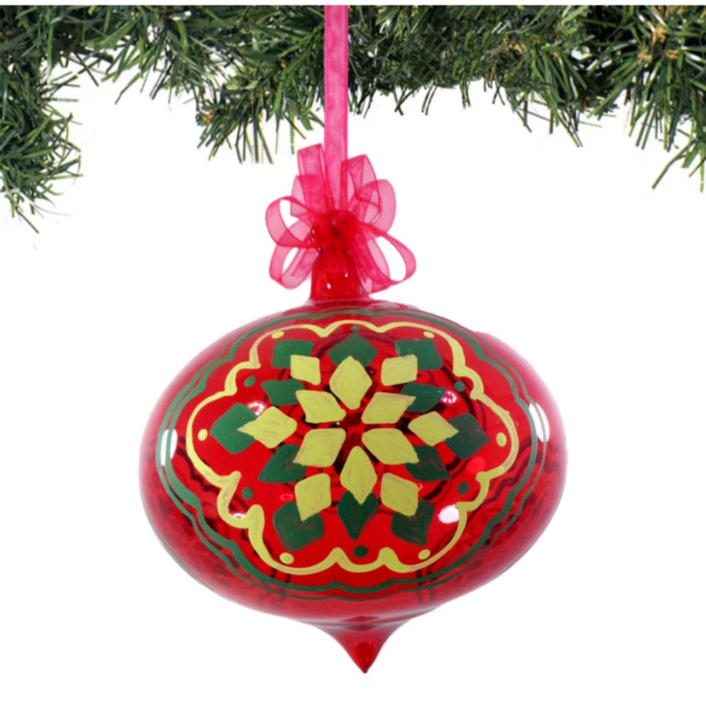 Red Christmas Ornaments 6pc Set Handblown Glass with Handpainted Christmas Decor Hanging 5" - Image 5