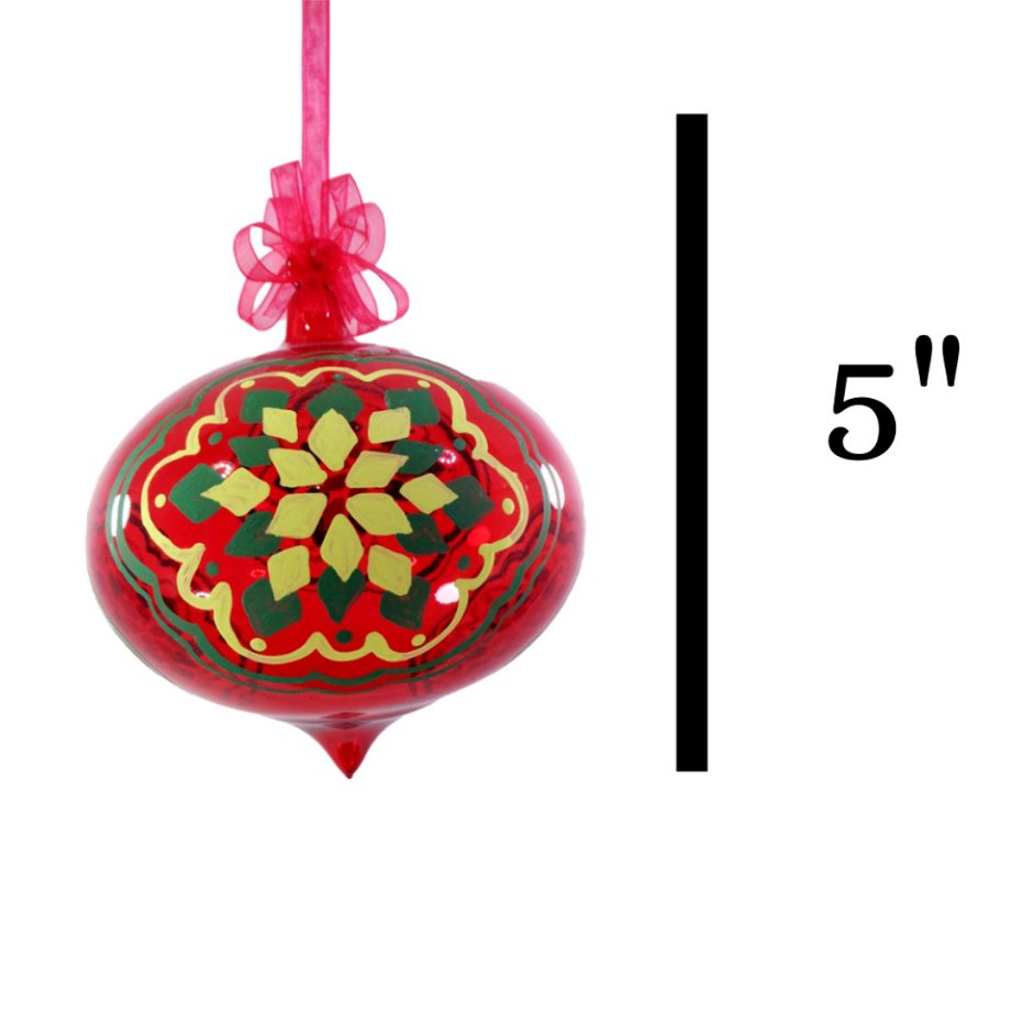 Red Christmas Ornaments 6pc Set Handblown Glass with Handpainted Christmas Decor Hanging 5" - Image 6