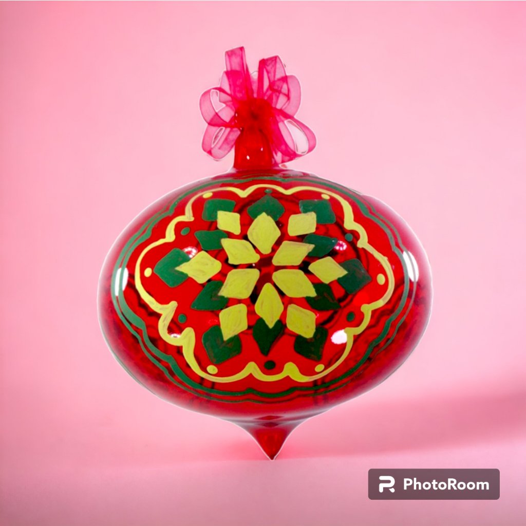 Red Christmas Ornaments 6pc Set Handblown Glass with Handpainted Christmas Decor Hanging 5"